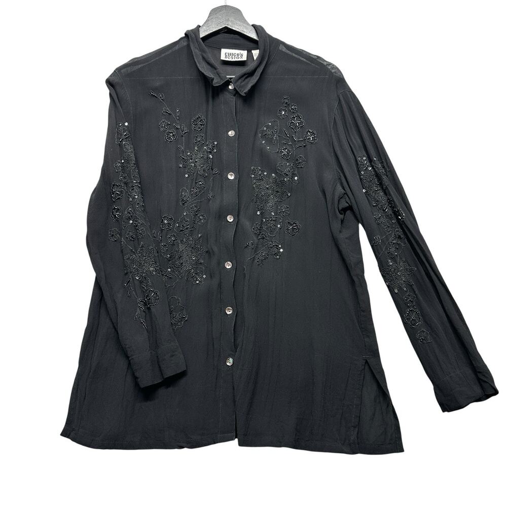 Chicos Design Blouse Black Beaded Button Up Shirt Womens Sz L Rayon Semi-Sheer